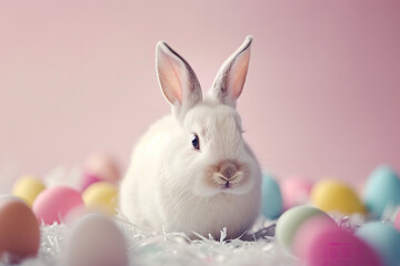 white bunny rabbit with easter eggs in minimalist studio editorial shot for holiday celebration tradition spring flowers 