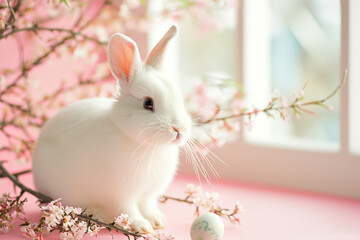 white bunny rabbit with easter eggs in minimalist studio editorial shot for holiday celebration tradition spring flowers 