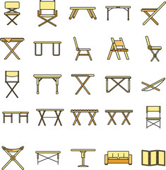 Sticker - Picnic folding furniture icons set. Outline set of picnic folding furniture vector icons thin line color flat on white