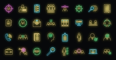 Poster - Headhunter staff icons set. Outline set of headhunter staff vector icons neon color on black