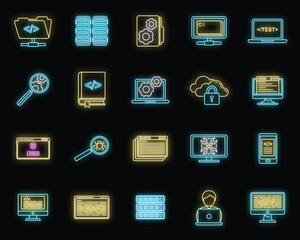 Poster - Pc testing software icons set. Outline set of pc testing software vector icons neon color on black