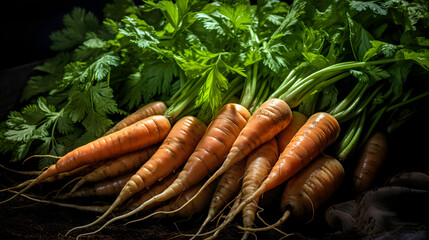 Carrots, there are many carrots that are piled together in a pile.