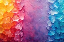 Abstract Background With Ice Cubes, Frosty And Translucent Ice Shards Form A Crystalline Pattern, Their Frozen Beauty Sparkling In A Spectrum Of Radiant Colors