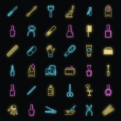 Sticker - Home manicurist icons set. Outline set of home manicurist vector icons neon color on black