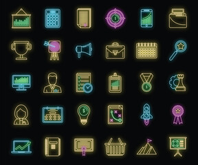 Poster - Business product manager icons set. Outline set of business product manager vector icons neon color on black