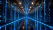 a long hallway with rows of servers in a data center with blue lights on the ceiling and flooring