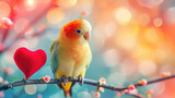 small cute beautiful parrot holding heart, valentine's day, symbol, love, february 14, postcard, animal, bird, feathers, blurred color background