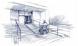 Architecture sketch for building project with access ramp for the disabled, a wheelchair user is accessing alone an office entrance, appartment or institution, mobility impaired friendly urban design