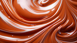 Fototapeta Dmuchawce - Liquid brown sweet chocolate cream or melted cocoa and pieces of dessert on dark
