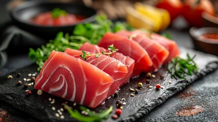 Wall Mural - Delicious Dinner: Fresh Raw Tuna Fillet Steak and Sashimi Delight