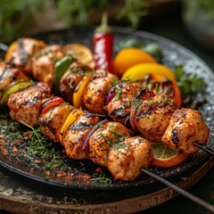 Wall Mural - Gastronomic Pleasure: High-Angle View of Chicken Kebab Skewers Presented on a Black Plate, Wooden Table, Copy Space Available