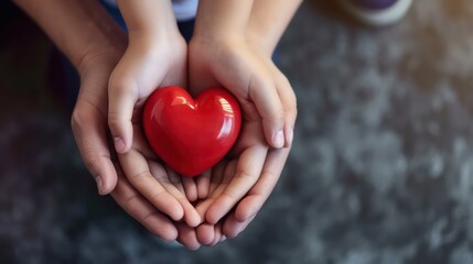 Young woman holding red heart, health insurance, donation, happy charity volunteer concept, world health day, world mental health day, world heart day