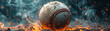 A baseball with smoke around, dark light and orange tones, black background. Space for text.