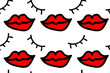 Sexy woman face with lips and eye lashes. Bright contrast beauty. Make up. Lipstick and mascara. Fashion, trend, cosmetics. Feelings. Seamless vector pattern. Red, black, white colors. Cartoon style.