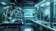 Um elegante e moderno laboratório brilha sob a suave luz das lâmpadas fluorescentes exibindo equipamentos de ponta e tecnologia futurista