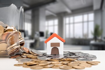 Poster - Golden stack coins with toy house