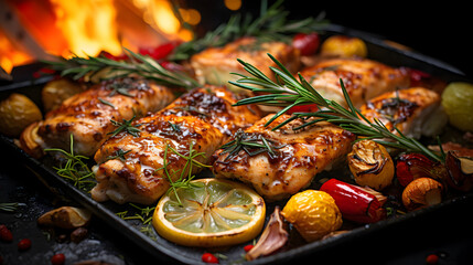 Grilled meat steak on stainless grill depot with flames on dark background. Food concept.