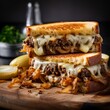 Indulge in the classic comfort of a patty melt featuring Swiss cheese, caramelized onions, and flavorful rye bread. Displayed on a white background, this burger promises a timeless and satisfying expe