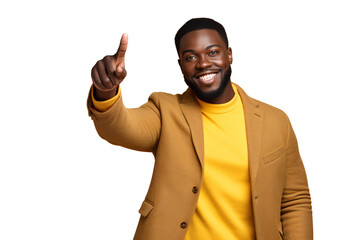 Wall Mural - Portrait of African-American man pointing at something, isolated on white background