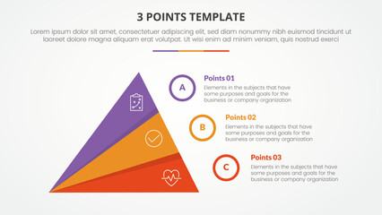 3 points stage template infographic concept for slide presentation with creative slice triangle pyramid with 3 point list with flat style