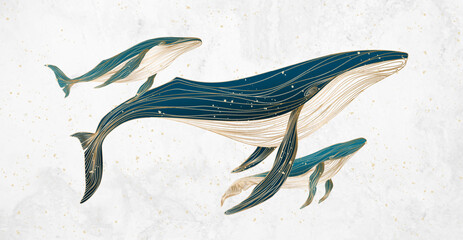 Wall Mural - art background in watercolor style with whales mother and children with golden elements in line art 