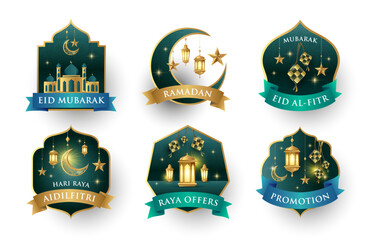 Ramadan Raya islamic style label collection with mosque, crescent moon, stars, lantern and ketupat with ribbons. Holiday festive premium label set. Vector illustration.