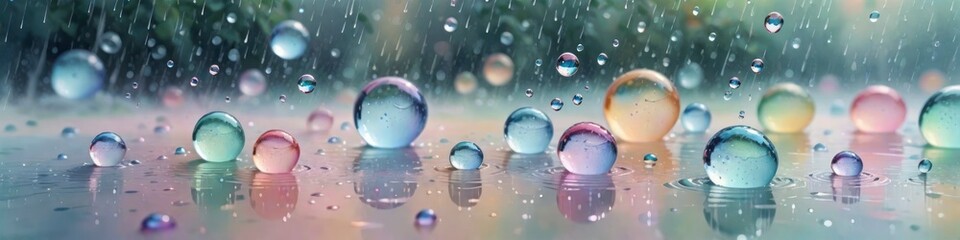 Wall Mural - Abstract banner iridescent water bubbles during rain, blurred background, background for design, place to insert text	