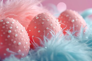 Wall Mural - A whimsical easter greeting card featuring a delicate background of pink eggs adorned with white polka dots, adding a touch of charm and playfulness to any celebration