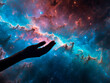 hands reaching for the sky, captures the beauty of the vast expanse of the nebula, inviting viewers to learn and contemplate the mysteries of the universe