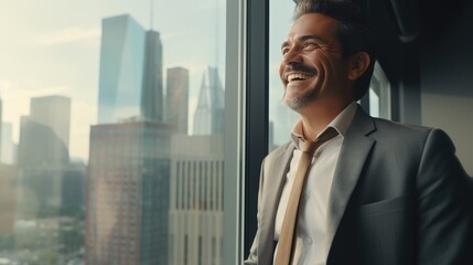 Mexican middle age business man looking at the windows 