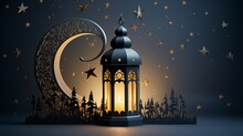 Ramadan Kareem And Eid Fitr Islamic Concept Background Illustration With Lantern, Stars And Blossom Flowers In Paper Cutting Style 3D For Wallpaper, Greeting Card And Flyer.