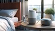 A white amazon echo device sits on a table in a bedroom Ai Generative