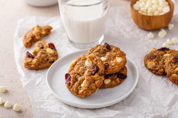 Wall Mural - Cranberry and white chocolate cookies served with milk