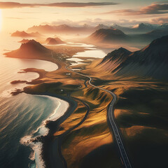 Wall Mural - Ariel View of a Long Scenic Mostly Empty Curve Winding Line Dark Asphalt Countryside Street Road without Cars Driving in Iceland in a Beautiful Landscape, Misty Snow Volcanic Mountains & Sunset Coast 