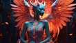 Dark demonic woman in red hell fire mythical fantasy world