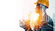 © Vagner Castro - Conceptual double exposure illustration of civil engineering project with graphic design. An architect, civil engineer or worker in double exposure with equipment and construction.