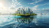 Fototapeta Do akwarium - A floating city adapting to rising sea levels, sustainable and self-sufficient, world of the future, dynamic and dramatic compositions, with copy space
