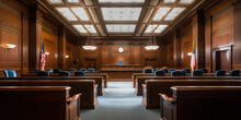 Judicial Authority: An Empty Courtroom With Antique Wooden Bench And Flag, Symbolizing Order And Justice