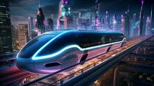A Sleek, Futuristic Maglev Train Gliding Through A Neon-lit Cityscape At Night