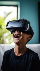 Canvas Print - A 12-year-old  boy wearing a  headset, smiling with joy, in a close-up shot. Generative AI.