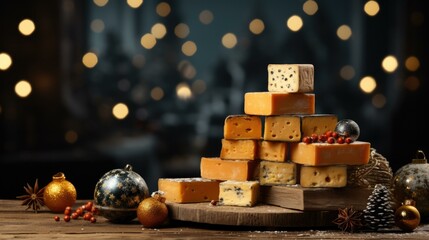 Wall Mural - A festive cheese Christmas tree adorned with decorations on a wooden table. Generative AI.