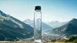 Closeup of a hightech water bottle showing the amount of water consumed, with a mountain landscape in the background.
