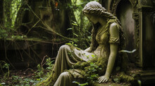 An Ancient, Crumbling Statue In A Forgotten, Overgrown Garden