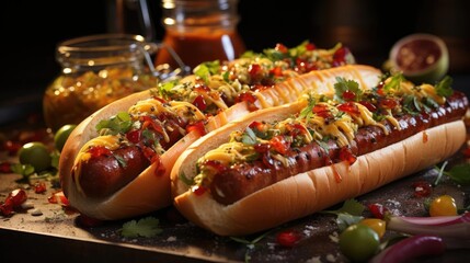 Wall Mural - hotdog with a large sausage filled with melted mayonnaise and a sprinkling of chopped greens