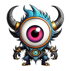 Funny monster with horns and big eyes isolated on transparent background illustration