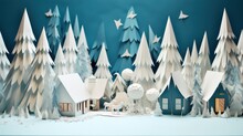 Illustration Of A Winter Design In A Village With Small Houses And Pine Trees In Origami Craft Style.