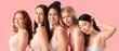 Group of happy young women on pink background. Women History Month