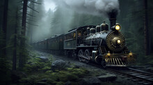 Steam Powered Train In A Rainy Forest