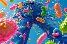 The Army Of Bacteria Reluctantly Pulled On The Jeans And Now They Are Everywhere, Infested, Needing To Be Washed To Get Rid Of These Viruses. 3D Rendering Design Illustration.