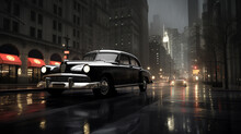 A Classic Black And White Taxicab In The Rain Soaked Road